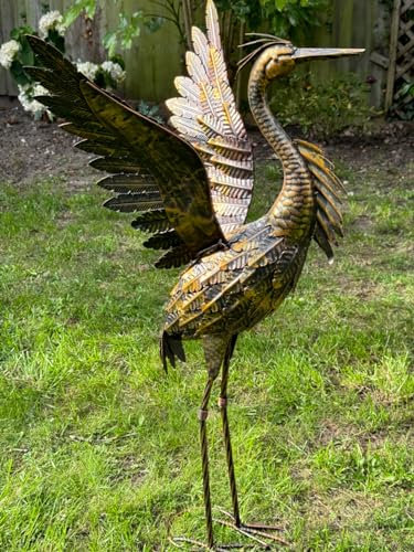 Small Bronze Metal with gold brush Heron Garden Statue with wings up 70cm with ground peg