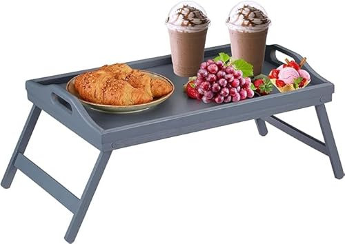VIVAAS Bamboo Bed Tray Table with Foldable Legs And Handles Breakfast Tray for Sofa, Bed, Eating, Platters, Working, Serving, Drawing, Laptop Stand, Wooden Snack Tray Used As Lap Tray (Grey)