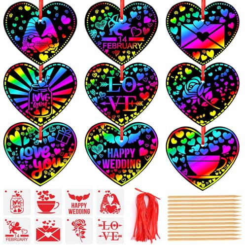 JULMELON Herz Kratzbilder Bastelset, 48 Stück Herz Kratzbilder für Kinder Regenbogen Herz Kratzpapier Anhänger Muttertag Kratzbilder Ornaments für Party Deko