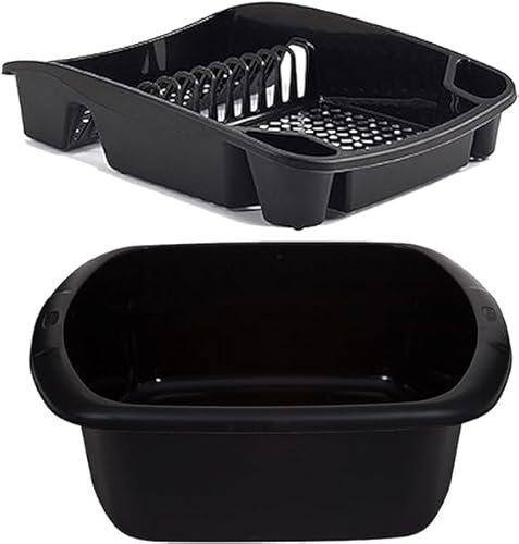 ZARVICZONIA Rectangular Washing up Bowl Large With Plastic 12 Bays Dish Drainer with Cutlery Holder, Dish Drainer Plate and Cutlery Tray Rack, Kitchen Sink Utensil Holder Stand (Black)