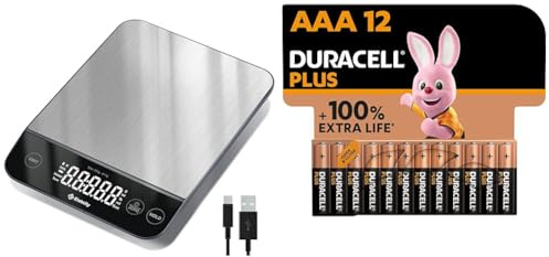 Etekcity 10kg Digital Kitchen Scales,Waterproof, USB Rechargeable Food Scales with LED Display & Duracell Plus AAA Batteries (12 Pack) - Alkaline 1.5V - Up To 100% Extra Life