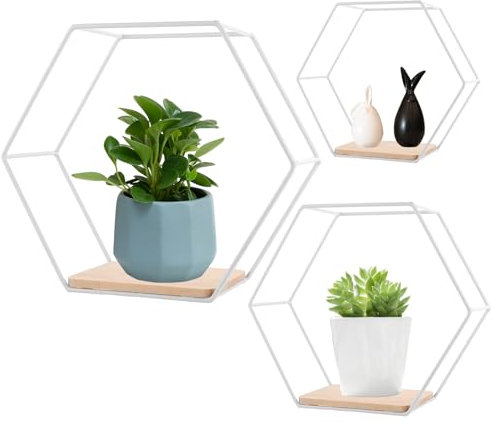 LDHHYH 3er Set Hexagon Wandregal Weiß Metall, 3 Größen Wandregal mit Holzregalen, Schweberegal Wanddeko für Wohnzimmer, Arbeitszimmer, Schlafzimmer, Flur