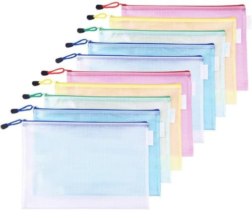 Dokumententasche A4, 10 Stücke Dokumentenmappe PVC Zip Mappe Mesh Beutel mit Reißverschluss für Büro, Papier, Kosmetika und Reisezubehör, Ordnungsmappen für Erwachsene Kinder Studenten