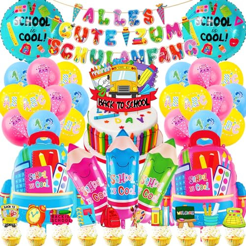 SABAN Einschulung Deko 2024, Schulanfang Deko für Kinder, Einschulung Mädchen und Jungen, Schuleinführung Deko, Girlande Alles Gute Zum Schulanfang, Tischdeko Schulanfang, 3D Aluminium Folienballon