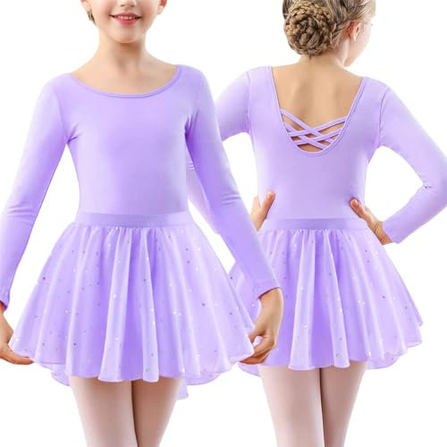 FEOYA Kinder Mädchen Langarm Ballett Trikot Ballettanzug mit Tüllrock Baumwolle Ballettkleid Ballettkleidung mit Tanzrock Glitzer Tanzkleid Bequem Balletttrikot Rückenfrei Turnanzug 140