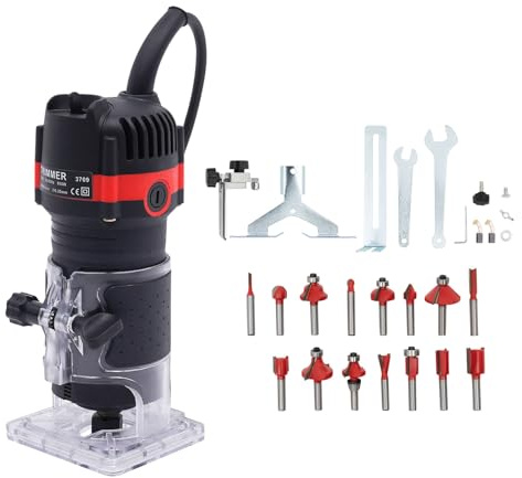Kompakte Oberfräse 800W 30000r/min, Elektrischer Kantenfräse mit 15 Fräser-Spannzangen, Bohrer-Durchmesser 6.35mm, Holzfräse Einhandfräse Multifräse