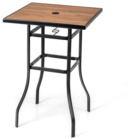 COSTWAY Garden Dining Table, 70cm Square Outdoor Bar Table with Parasol Hole & Wood Grain Surface, Metal Frame High Top Bistro Table for Patio Backyard Poolside, Holds up to 50kg