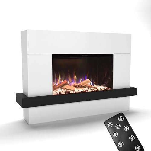 GLOW FIRE Kaminofen PR9 mit realistischem 3D E-Motion LED-Feuer - Stand-Elektrokamin mit Heizung, Kaminfeuer & Timer, max. 1500 W, 150x100x37 cm, Weiß