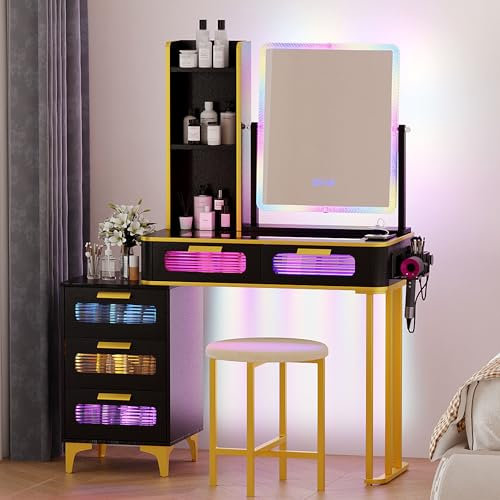 yoofun LED Dressing Table With Mirror And Stool, Auto Sensor Makeup Desk with Charging Station, Modern Glass Top Vanity Table Set with 5 Drawers for Bedroom (Black)