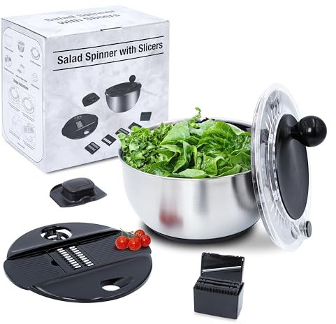 Jikoni Yetu Centrifuga per insalata in acciaio inox, grande, 5,28 qt, con colino, centrifuga per insalata, ideale per lavare la cucina domestica, include affettatrice per verdure.