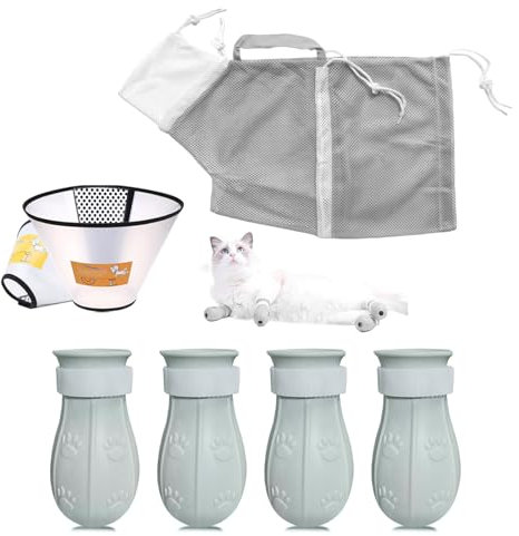 7 Pieces of Cat Bathing Supplies,Anti-Scratch Silicone Cat Shoes,Cat Claw Covers, Cat Shower Net Bag,Cat Bathing Bag,Elizabethan Collar (Grey-3)