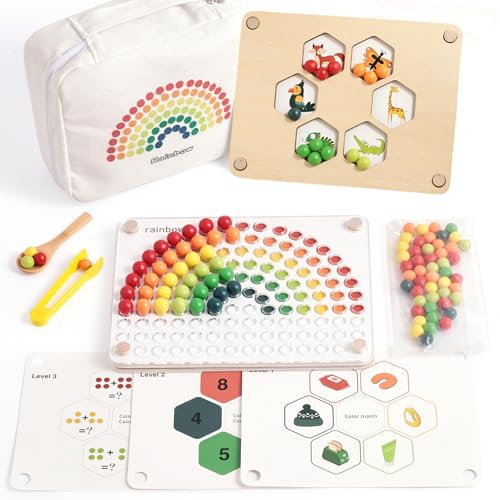 OESSUF Montessori Spielzeug ab 3 Jahren, wendbar Regenbogen Holzpuzzle Farbe Sortieren Clip Perlen Board Game Feinmotorik Match Lernspielzeug Geschenk für Kinder Jungen und Mädchen 3 4 5 Jahre