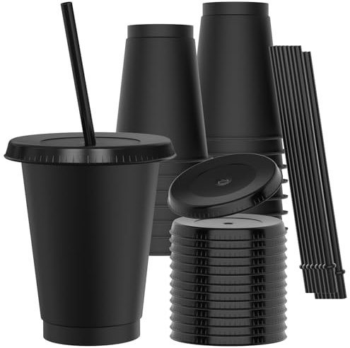OZMOJOO Lot de 15 gobelets en plastique avec couvercles et pailles, robustes et de qualité alimentaire avec couvercle, gobelets en plastique réutilisables pour boissons froides, milkshakes, smoothies