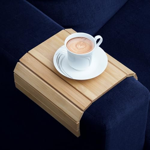 Sofa Arm Tray | Foldable Bamboo Wood Sofa Armrest Tray | Couch Arm Tray Organiser for Snacks, Drinks, Mobile & Remote | Wooden Sofa Arm Table Tray with Non-Slip Backing