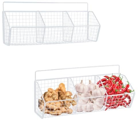 Gzsekken Wall-Mounted Hanging Kitchen Storage Baskets,Metal Storage Baskets with 3 Sections Wire Shelf No Drilling Adhesive Storage Basket Organiser Rack for Shower Kitchen,White-2pack