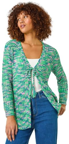 Roman Originals Tie Front Knit Cardigan for Women UK - Ladies Everyday Holiday Spring Summer V-Neckline Comfy Soft Evening Vacation Work Party - Spacedye Green - Size 20