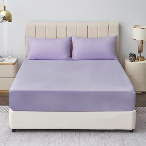Aisbo Double Fitted Sheet Lavender - Extra Deep Pocket Bed Sheet 16 inch 40 cm - Microfiber Bottom Sheet, 135x190cm