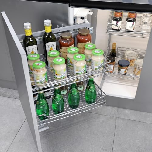 Warmiehomy Blind Corner Pull Out Kitchen Storage 2 Tier Pull Out Cabinet Organiser with 4 Wire Baskets Soft Close Blind Corner Organizer for 900-1000mm Left Right Open Compatible