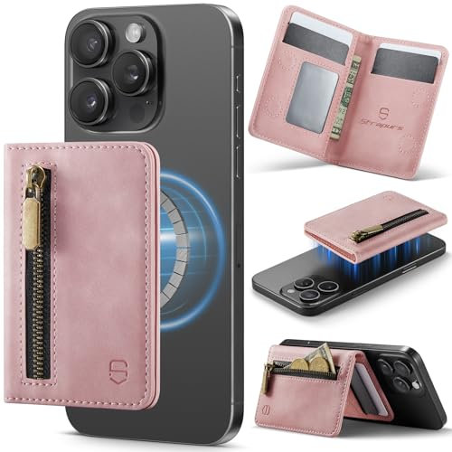 Strapurs Magnetic Card Holder Compatible with MagSafe Phones and Cases, PU Leather Slim Phone Wallet for iPhone 16/15/14/13/12/Pro/Max/Plus, 4 Card Slots RFID Blocking with Zipper Pocket - Pink