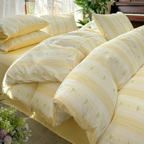 Sedefen Bettwäsche 135x200cm Weiß Gelb Gestreift Streifen Bettwäsche Set Grün Schleifen Weich Mikrofaser ÖKO-TEX Bettbezug Kinder Deckenbezug mit Reißverschluss und 1 Kissenbezug 80x80cm