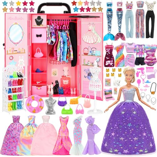 Festfun Puppen Kleiderschrank 140 Pcs Puppenkleidung Zubehör Schrank Kleider Zubehör Schuhe Kleiderbügel Halsketten Kronen Tasche DIY Accessoires für 11,5 Zoll Puppen