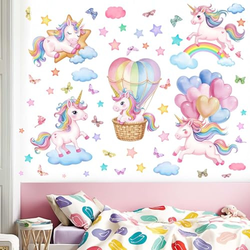 Einhorn Regenbogen Wandaufkleber für Mädchen: Abziehen und Kleben Heißluftballon Sterne Wolke Wandtattoo - Baby Jungen Zimmer Schlafzimmer - Kinderzubehör Alter 1-12 Jahre Wanddekoration Kunst