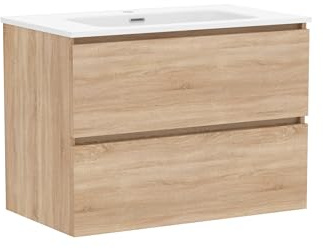 Baikal Mueble de Baño Klay. Mueble MONTADO. 2 Cajones Suspendido con Lavabo. Armario de Baño. Lavabo Ceramico. 90cm Bardolino.
