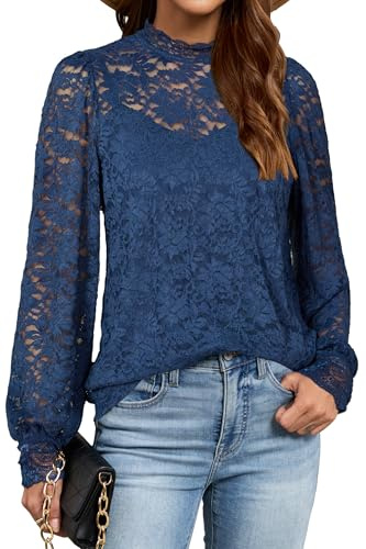 LAISHEN Womens Long Sleeve Tops with Cami Mock Neck Lace Blouse 2 Piecs Set | Blouses for Women UK,Going Out Tops for Women UK,Casual Dressy Blouse,Sheer Lace Blouse with Cami,