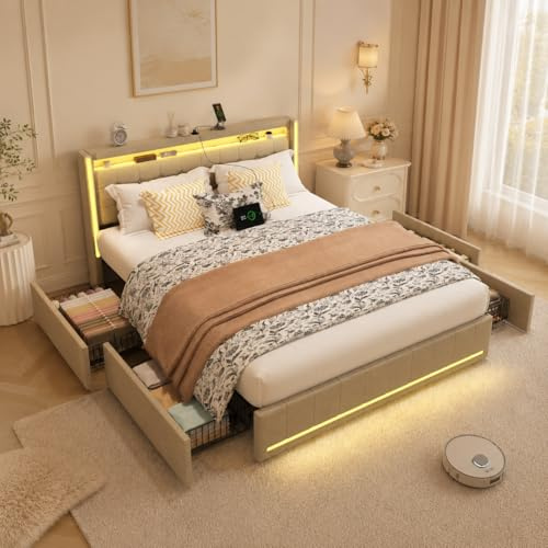 QMTXBYJ Doppelbett 160x200cm,Doppelbettrahmen mit 4 Schubladen,LED-Beleuchtung und USB Ladefunktion,Bett 160x200 mit Schubladen,Schubladenbett mit Stauraum für Jugendliche,Leinenstoff