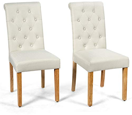 COSTWAY Esszimmerstühle 2er Set, Küchenstühle mit Gummiholzbeinen, gepolsterter Polsterstühle mit hohe Rückenlehne, Esstisch Stühle, Essstühle für Esszimmer, Küche (Beige)