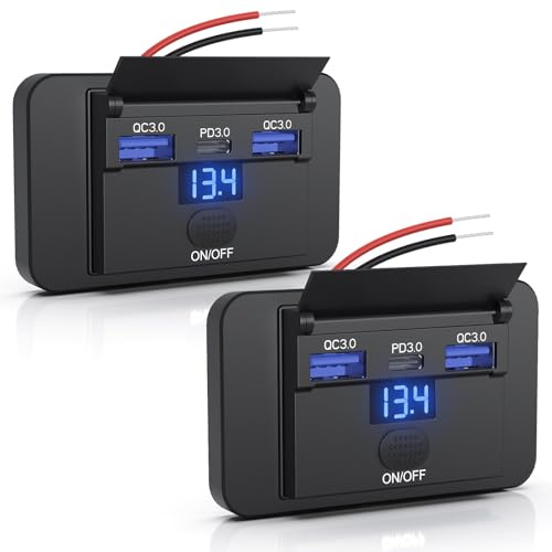 Gibbab Commutateur USB 72 W 3 ports 12 V avec voltmètre, charge rapide 36 W PD3.0 Type-C + 2 adaptateurs muraux QC3.0 de 18 W pour chargeur de voiture automobile multi-ports pour VTT, bateau, bus