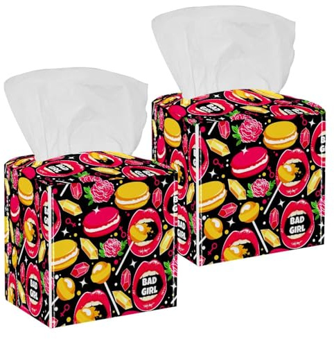 Quadratische Taschentuchbox-Abdeckung, Lippen-Rose, Macaron, Diamant-Lutscher, Leder, Taschentuchbox, Gesichtspapier, Organizer, Spender für Schminktisch, Toilette, Tank, Kommode, Nachttisch, Tisch