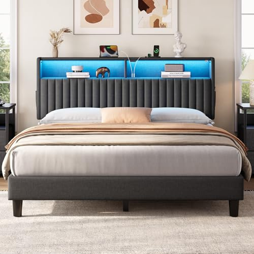 Rolanstar Bett mit LED 140x200 cm, Bettgestell mit Ladestation (2 USB & 1 Type-C), Polsterkopf mit Doppelstöckiges Regal & 2 Seitentaschen, Metallbett für Schlafzimmer, Gästezimmer