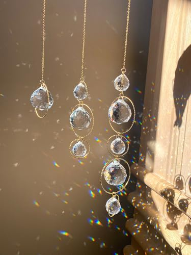 3 Stück Sonnenfänger Kristall Suncatcher Set, Elegante Fensterdeko Hängend Modern & Balkon Deko, Goldener Lichtfänger mit Ringen, Lichtspiel Regenbogen Deko, Boho Zimmer Deko
