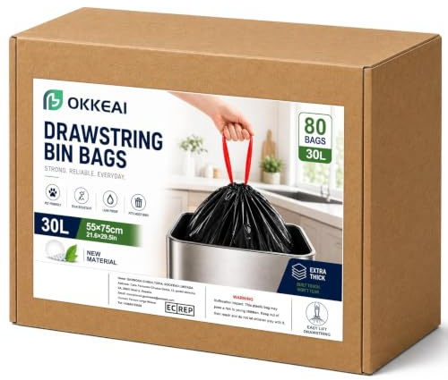 OKKEAI 30L Bin Liners, Black Bin Bags for Kitchen, Durable, 80 Counts | Leak-Proof, Strong Bin Bags, Unscented, Tear-Resistant, With Drawstring Closure