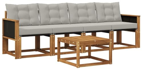 vidaXL Outdoor-Sofagarnitur mit Kissen 5 pcs Natürlich und Hellgrau, Garten Sofaset, modernes Wohnmöbel, entspannende Couch für Terrasse und Außenbereich