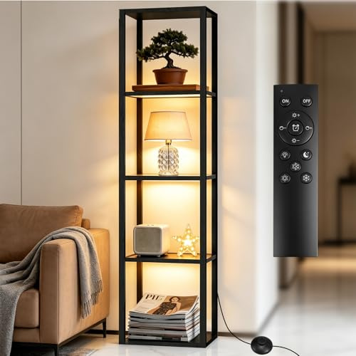 Glas Vitrine mit LED Beleuchtung, Bücherregal Glasvitrine mit Glasregal | Glas Vitrinenschrank Eckregal Stehend mit Einstellbarer Farbtemperatur und Helligkeit für Wohnzimmer, Büro, Spielzimmer