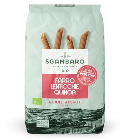 Sgambaro Pasta Bio Penne Rigate N.91 - 500 g con Farina di Farro, Farina di Lenticchie e Farina di Quinoa - Ricche di Proteine e con Basso Indice Glicemico