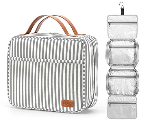 Bosidu Hanging Travel Toiletry Bag,Large Capacity Cosmetic Travel Toiletry Organizer for Women with 4 Compartments & 1 Sturdy Hook,Perfect for Travel/Daily Use/Christmas, M-grey, M, Striped