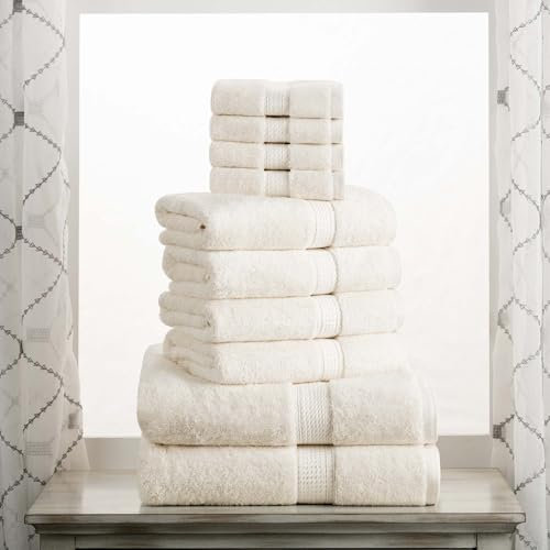 Superior 10-teiliges Handtuch-Set, ägyptische Baumwolle, 2 Badetücher, 4 Handtücher, 4 Gesichtstücher/Waschlappen, ultraweiche Handtücher, Dicker Plüsch, Gästebad, Spa, Hotelbad, Cremefarben
