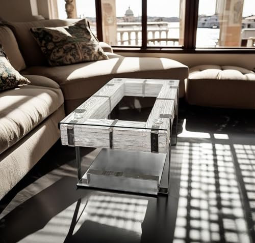 CHYRKA® Couchtisch LEMBERG Wohnzimmertisch Massivholz Glastisch Holz Glas Loft Handmade Vintage Deco (LEMBERG-Weiss, 90x60 cm H=50 cm)