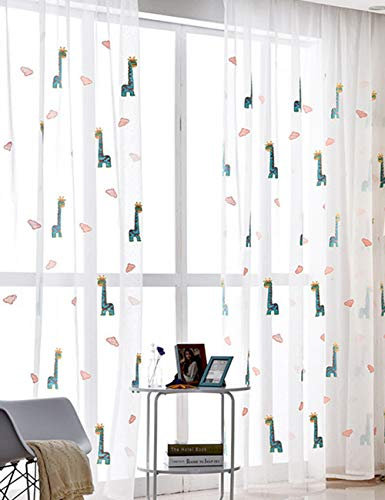 Lactraum Vorhang Kinderzimmer Mädchen Junge Bestickt Giraffe Gardine Voile mit Ösen 145 x 245 cm