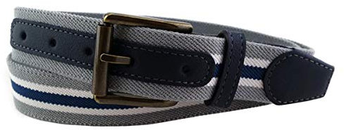 TigerTie hochwertiger Stretchgürtel mit Edelstahl Schnalle und echt Leder Applikationen in grau silber blau weiß gestreift. Gürtelbreite 35 mm, Bundweite 100 cm