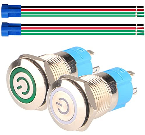 Gebildet 2pcs 12mm Interruptor de Botón de Bloqueo Acero Inoxidable Impermeable Plana Top,Normalmente Abierto SPST ON/Off 12V-24V 3A Pulsador con Enchufe de Cable(Blanco+Verde)