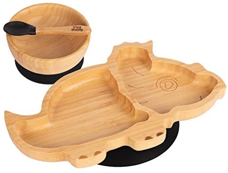 Tiny Dining Baby Dinner Set - Dinosaur - Black - 3pc - Divided Non-Slip Bamboo Self-Feeding Weaning Plate, Bowl & Spoon for Babies, Toddlers, Children