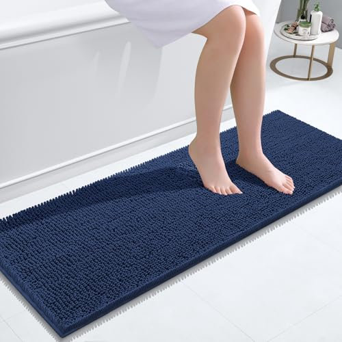 smiry Chenille Bath Mat, 40 x 120 cm, Non-Slip Super Absorbent Bathroom Mat Extra Soft Fluffy Bath Mats for Bathroom Thick Machine Washable Floor Mats Rugs Runner, Navy Blue