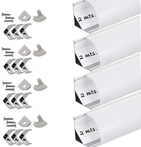 Profilé en aluminium angulaire L pour ruban LED, avec diffuseur opaque, angle de 90°, en bandes de 2 m, canal avec support de montage, couvercles finaux (8 m)