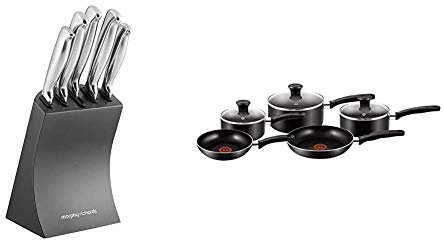 Morphy Richards Accents Knife Block, Satin, Stainless Steel Finish, Titanium, 5 Piece & Tefal 5 Piece, Essential, Pots and Pans Set, Black, Aluminium, Non Stick