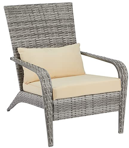 AECOJOY Outdoor Dining Chairs, Outdoor Patio Adirondack Rattan Chair with Cushion and Pillow for Garden,Backyard,Porch, Grey