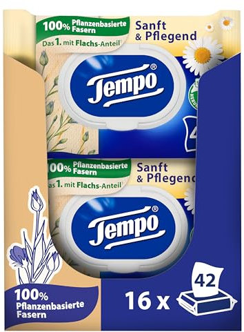 Tempo Feuchte Toilettentücher Sanft & Pflegend - Megapack - 16 Packungen mit je 42 Tüchern - mit natürlicher Kamille - feuchtes Toilettenpapier, dermatologisch getestet und pH-hautneutral